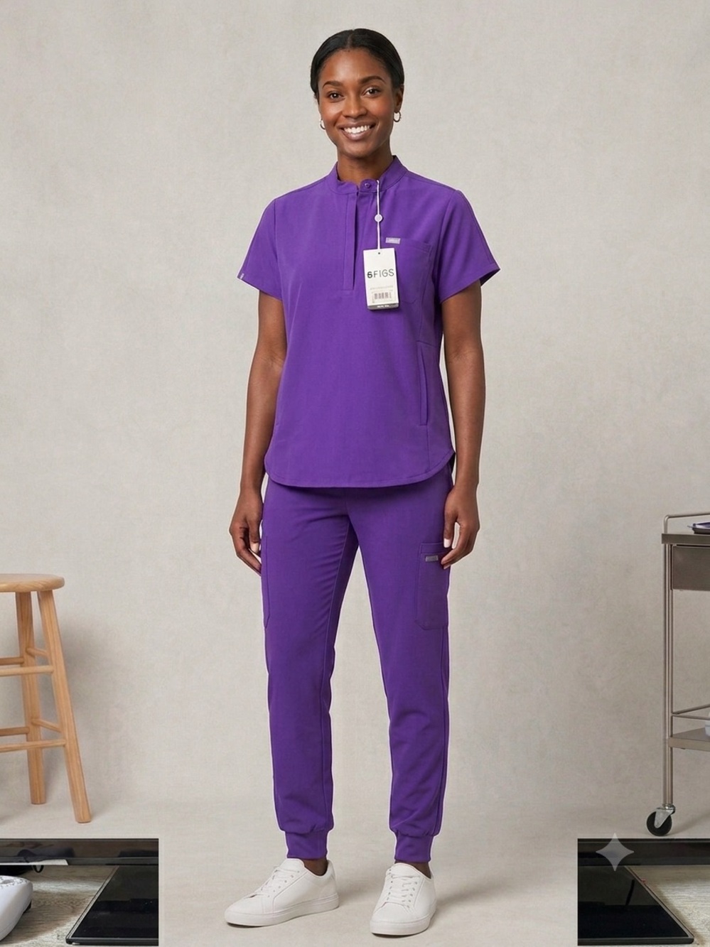 Figs Women's Purple Short-Sleeve Zip Mock-Neck Scrub Top